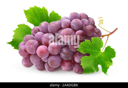 Isolated grapes. Pile of red grapes with leaves and stem isolated on white background with clipping path Stock Photo