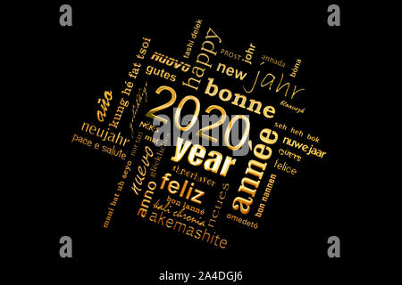 2020 new year multilingual golden text word cloud square greeting card on black background Stock Photo