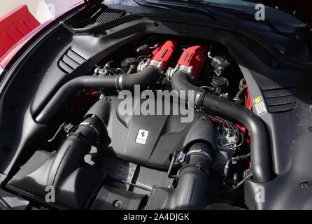 Cracow. Krakow. Poland. Ferrari California motor compartment. Exhaust. Stock Photo