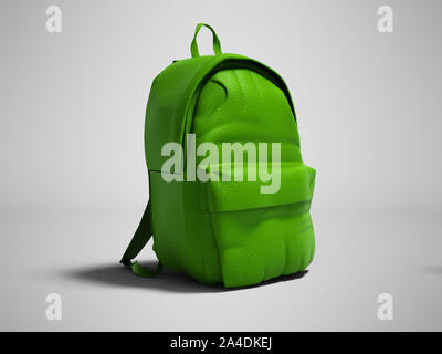 Modern green leather backpack in school for children and teens left view 3D rendering on gray background with shadow Stock Photo