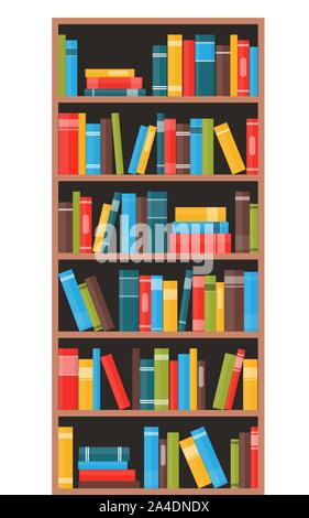 Bookcase with books. Book shelves with multicolored book spines. Vector illustration in flat style Stock Vector