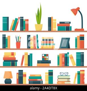 Book shelves with books and other objects. Book, lamp, potted plant, photo frame, rubik cube, glasses. Vector illustration in flat style Stock Vector