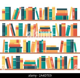 Book shelves with multicolored book spines. Books on a shelf. Vector illustration in flat style Stock Vector