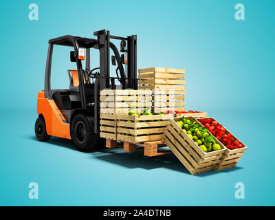 Modern concept of harvesting varietal green red apples and carrying an orange forklift 3d rendering on blue background with shadow Stock Photo