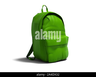 Modern green leather backpack in school for children and teens left view 3D rendering on white background with shadow Stock Photo