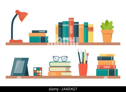 Book shelves with books and other objects. Book, lamp, potted plant, photo frame, rubik cube, glasses. Vector illustration in flat style Stock Vector