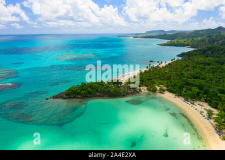 Aerial photography of amazing tropical panorama of Rincon bay.Samana peninsula,Rincon beach,Dominican Republic. Stock Photo