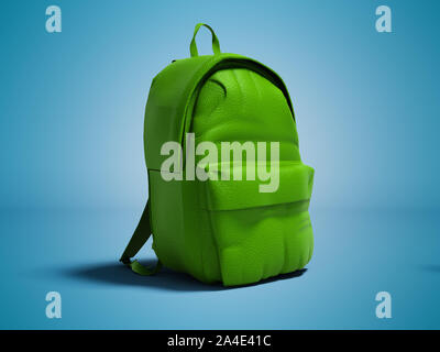 Modern green leather backpack in school for children and teens left view 3D rendering on blue background with shadow Stock Photo