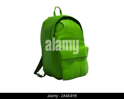 Modern green leather backpack in school for children and teens left view 3D rendering on white background no shadow Stock Photo