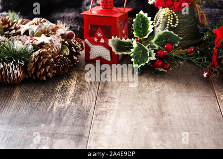 Christmas ornament on wooden background. Copy space. Stock Photo