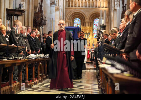 The coffin of PC Andrew Harper, the Thames Valley Police officer who died from multiple injuries after being dragged under a van while responding to reports of a burglary, is carried out from inside Christ Church Cathedral in St Aldate's, Oxford for his funeral service. Stock Photo