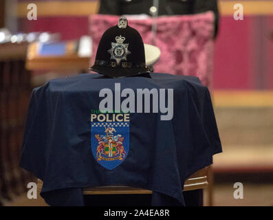 The coffin of PC Andrew Harper, the Thames Valley Police officer who died from multiple injuries after being dragged under a van while responding to reports of a burglary, sits inside Christ Church Cathedral in St Aldate's, Oxford for his funeral service. Stock Photo