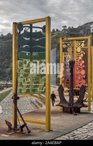 Philippe Cousteau open-air anchors museum, outdoor exhibition of the universal symbol of the sea in Salinas beach, Principality of Asturias, Spain Stock Photo