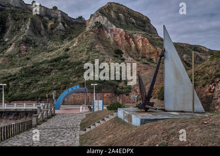 Philippe Cousteau open-air anchors museum, outdoor exhibition of the universal symbol of the sea in Salinas beach, Principality of Asturias, Spain Stock Photo