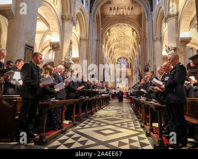 The coffin of PC Andrew Harper, the Thames Valley Police officer who died from multiple injuries after being dragged under a van while responding to reports of a burglary, inside Christ Church Cathedral in St Aldate's, Oxford during his funeral service. Stock Photo