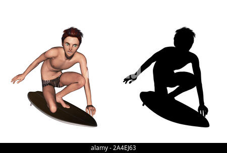 Stylized 3d rendered man with surfboard and black silhouette. Stock Photo