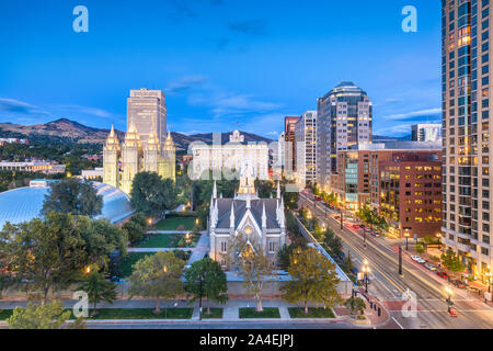 Salt Lake City, Utah, USA downtown cityscape over Temple Square at dusk. Stock Photo