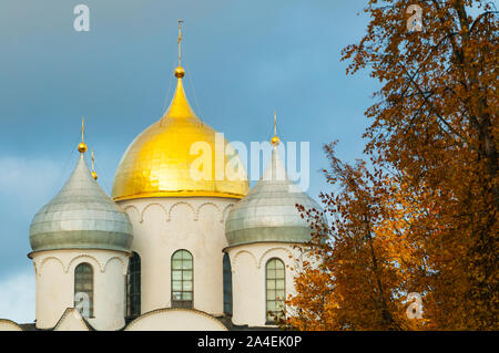 Veliky Novgorod Russia. St Sophia Cathedral closeup of domes, Veliky Novgorod, Russia. Focus at the cathedral Stock Photo