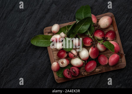 Bengal-Currants, Carandas-plum or Karonda fruit (Carissa carandas L.) sour taste fruit on wicker. Top view. Stock Photo