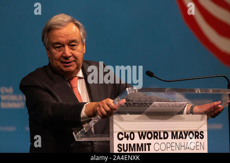 COPENHAGEN, DENMARK – OCTOBER 10. DENMARK: UN Secretary-General Antonio Guterres speaks during a press conference at the C40 World Mayors Summit on October 10, 2019 in Copenhagen, Denmark. The Secretary-General will also meet the Danish Queen Margrethe and the Prime Minister, Mette Frederiksen. More than 90 mayors of some of the world’s largest and most influential cities representing some 700 million people meet in Copenhagen from October 9-12 for the C40 World Mayors Summit. The purpose with the Summit in Copenhagen is to build a global coalition of leading cities, businesses and citizens th