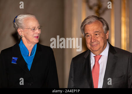 COPENHAGEN, DENMARK -  OCTOBER 10, 2019: Queen Margrethe of Denmark receives António Guterres, Secretary-General of the United Nations, at Amalienborg Palace on the occasion of the C40 World Mayors Summit. Guterres participated this Thursday at a press conference at the Summit and later with the Danish Prime Minister Mette Frederiksen and today he held a speech to the worlds mayors together with the Prime Minister. (Photo by Ole Jensen/Getty Images)