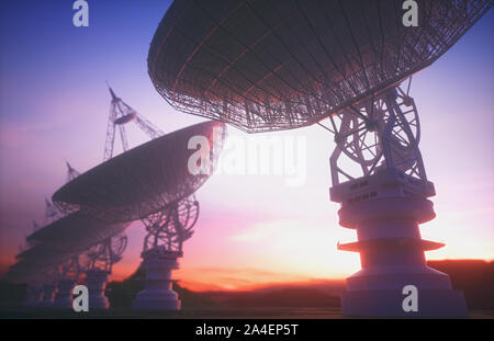 Huge satellite antenna dish for communication and signal reception out of the planet Earth. Observatory searching for radio signal in space at sunset.