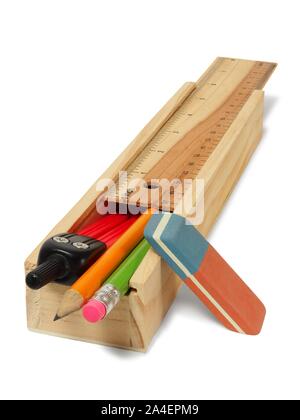 Wooden pencil box on white background Stock Photo