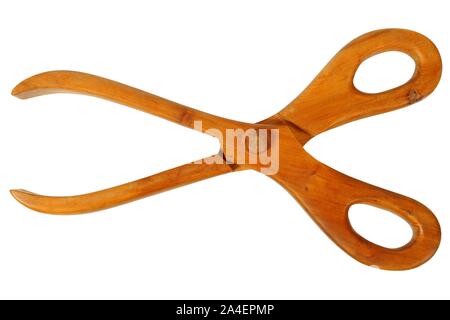 Wooden serving tongs isolated on white background Stock Photo