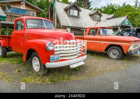 FORKS, WASHINGTON - JUNE 27, 2018: Red pick up trucks from the Twilight series. The town was the setting for the films. Stock Photo