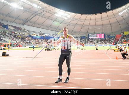 Doha, Katar. 07th Oct, 2019. Johannes VETTER (Germany/3rd place). Final javelin of the men, on 06.10.2019 World Championships 2019 in Doha/Qatar, from 27.09. - 10.10.2019. | Usage worldwide Credit: dpa/Alamy Live News Stock Photo