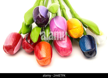 Wooden tulips against a white background Stock Photo