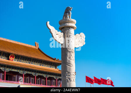 Buildings of Tiananmen Gate, and Huabiao , a marble pillar,traditionally erected in front of palaces and tombs and made from white marble, erected in Stock Photo