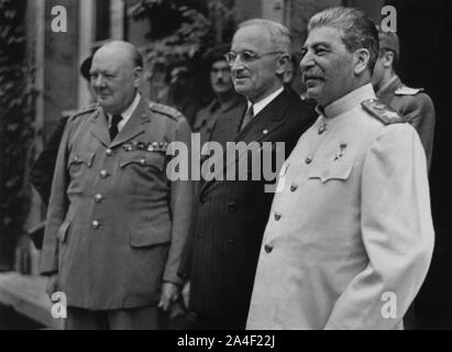 Winston Churchill with President Truman and Stalin at the Potsdam Conference. 23rd July 1945. Stock Photo
