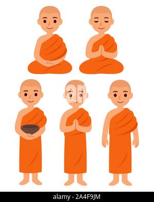 Cute cartoon Thai Buddhist monks in orange robes. Standing with alms bowl, sitting, meditating, praying. Simple vector character clip art illustration Stock Vector