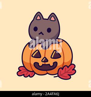 Cute black cat inside Halloween pumpkin with carved spooky face ...
