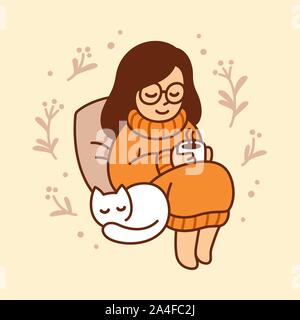 Cozy autumn scene illustration. Cute girl in sweater holding cup of hot tea, with sleeping cat. Simple vector doodle. Stock Vector