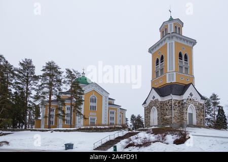 Kerimaki, Finland- 03 March 2015: View of the Kerimaki Church, the biggest wooden church in the world. Winter landscape. Stock Photo