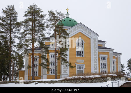 Kerimaki, Finland- 03 March 2015: View of the Kerimaki Church, the biggest wooden church in the world. Winter landscape. Stock Photo