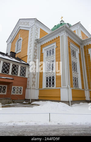 Kerimaki, Finland- 03 March 2015: View of the Kerimaki Church, the biggest wooden church in the world. Winter landscape. Stock Photo