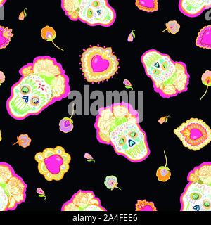 Seamless vector day of the dead folk art pattern with burning red heart and shugar scull in neon tones. Funny and happy design for your perfect party. Stock Vector