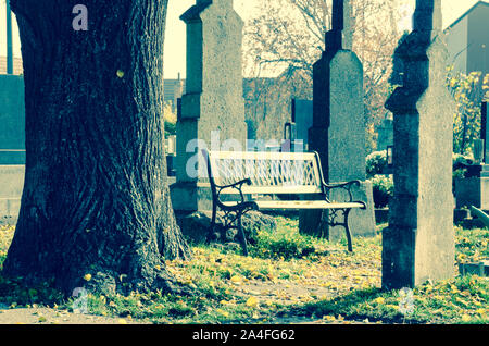 bench among tombstones in the cemetery Stock Photo