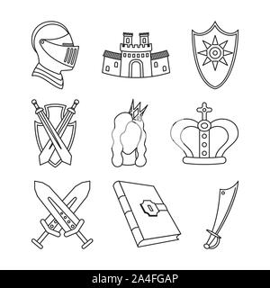 9 line art black and white fairytale icons. Medieval festival prop elements. Fairy tale theme vector illustration for stamp, label, certificate, gift Stock Vector
