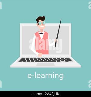 E-learning concept for online school. Vector laptop on blue background Stock Vector