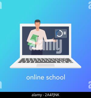 Teaching online concept for online school. Vector laptop on blue background Stock Vector