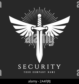 Security or Guard Emblem. White Winged sword isolated on black. Vector illustration Stock Vector