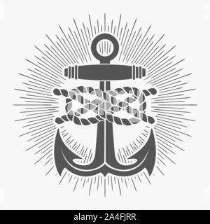 Vintage label with an anchor and marine ropes drawn in tattoo style. Vector illustration. Stock Vector