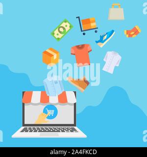 Online shopping concept with laptop and goods flying into it.  Stock Vector