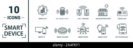 Smart Devices icon set. Include creative elements drone, smart car, smart house, solar battery roof, smart speaker icons. Can be used for report Stock Vector