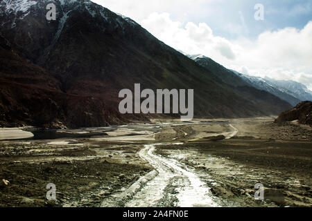 View landscape with Himalayas mountains and between Diskit - Turtok Highway and Pangong lake road go to Pangong Tso high grassland lake while winter s Stock Photo