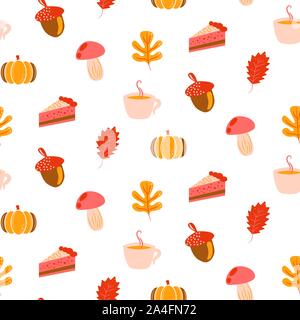 Autumn harvest objects pumpkin, acorn, pie, mushroom and leaves. Fall seamless pattern in pink and orange colors. Stock Vector